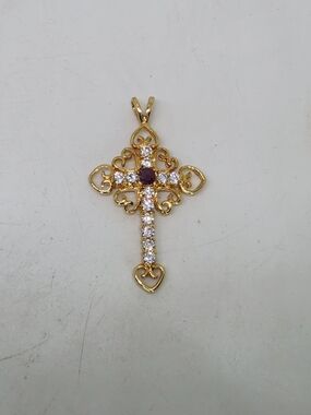 Victorian Revival Vtg Ornate Heart Cross Pendant Genuine Ruby Center Religious